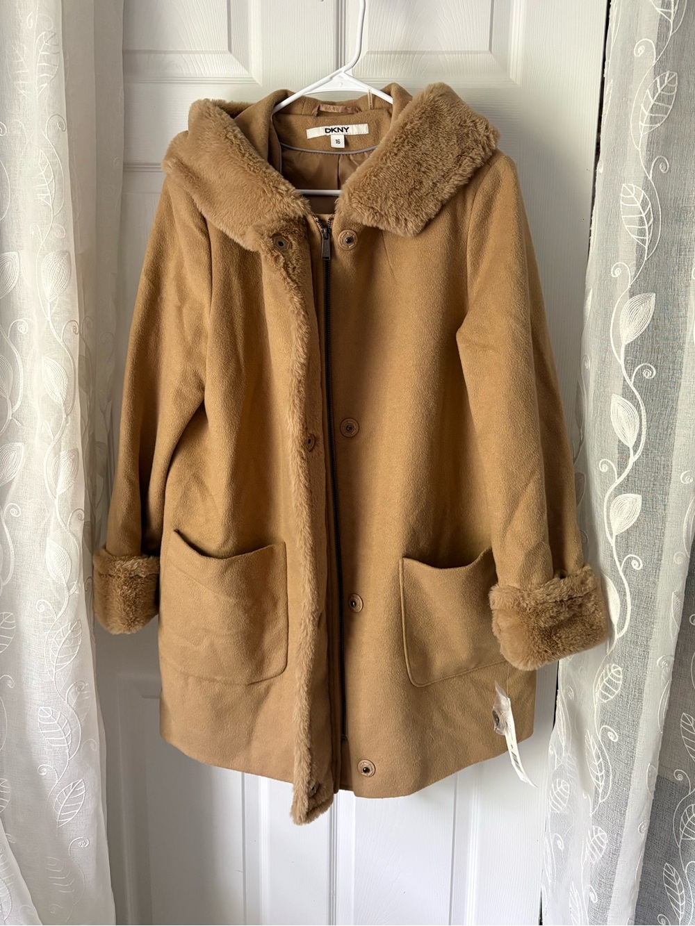 New DKNY Camel Wool Blend Teddy Coat Faux Fur hooded full zip women plus sz 16